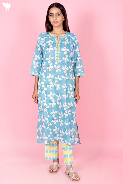 Mulmul Kurta Pant Set With Kota Dupatta In Block Print